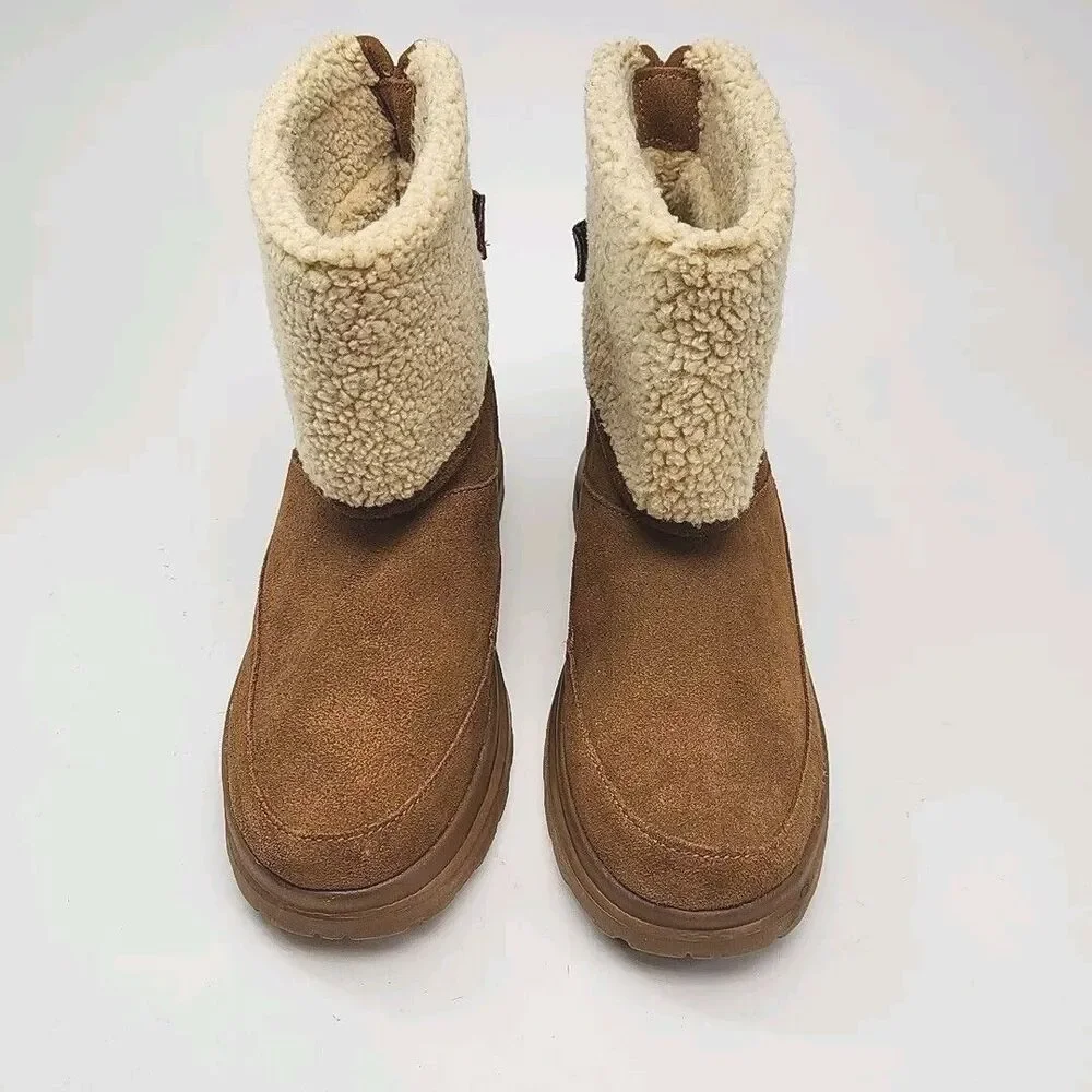 Skechers Boots Chestnut Brown Faux Sherpa Suede Women 10 Flat SN48676 Shoe Ankle